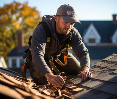 Man on roof working on shingles